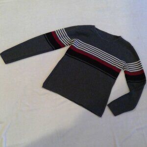 Ribbed Charcoal Grey Polyester Sweater Red White Black Stripes Along Chest
